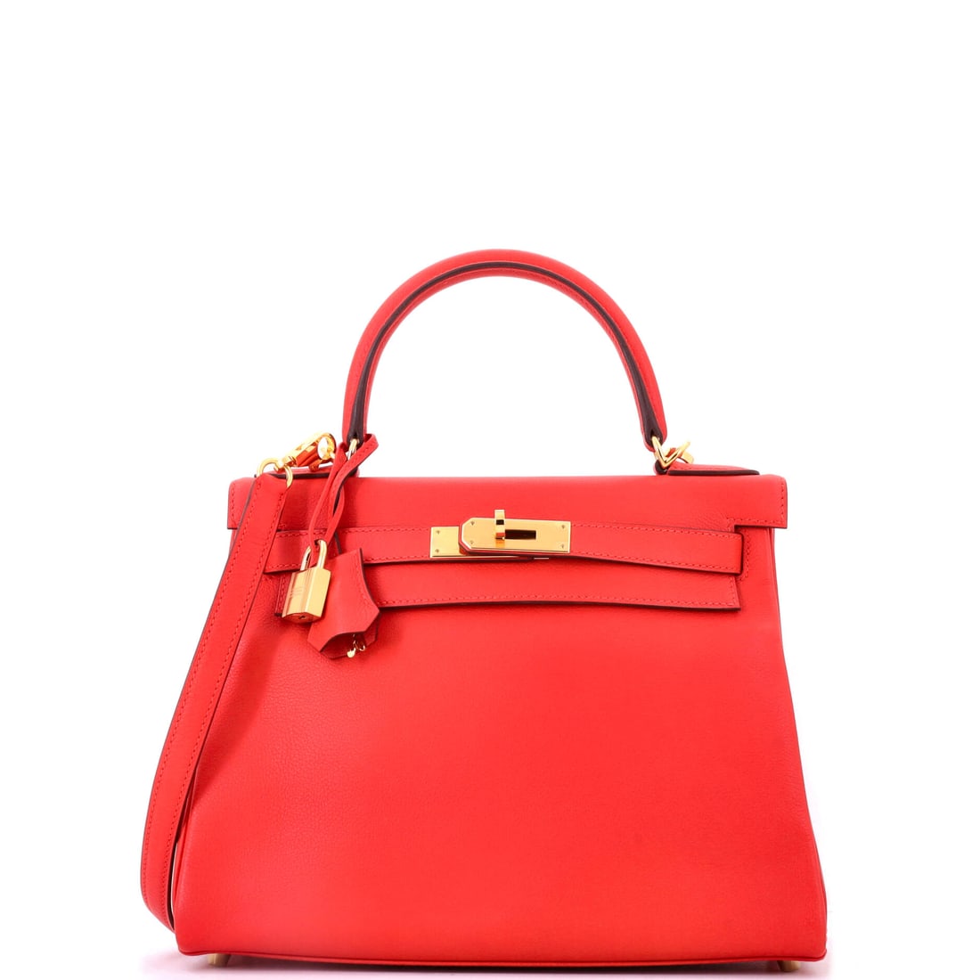 Hermes Kelly Handbag Red Evercolor with Gold Hardware: Evercolor takes red into a matte, dry register rather than a glossy one, which is a very different bag from the Epsom version. Gold hardware at 10.5 in wide, 8.5 in high and 4 in deep. Grade B - Excel