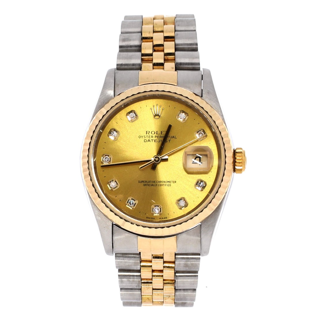 Rolex Oyster Perpetual Datejust Automatic Watch Stainless Steel and Yellow Gold with Diamond Markers: Diamond hour markers push a 36mm two-tone Datejust toward jewelry without disturbing anything else about the reference. Steel and yellow gold, fluted bezel, automatic movement. Twelve millimeters of c