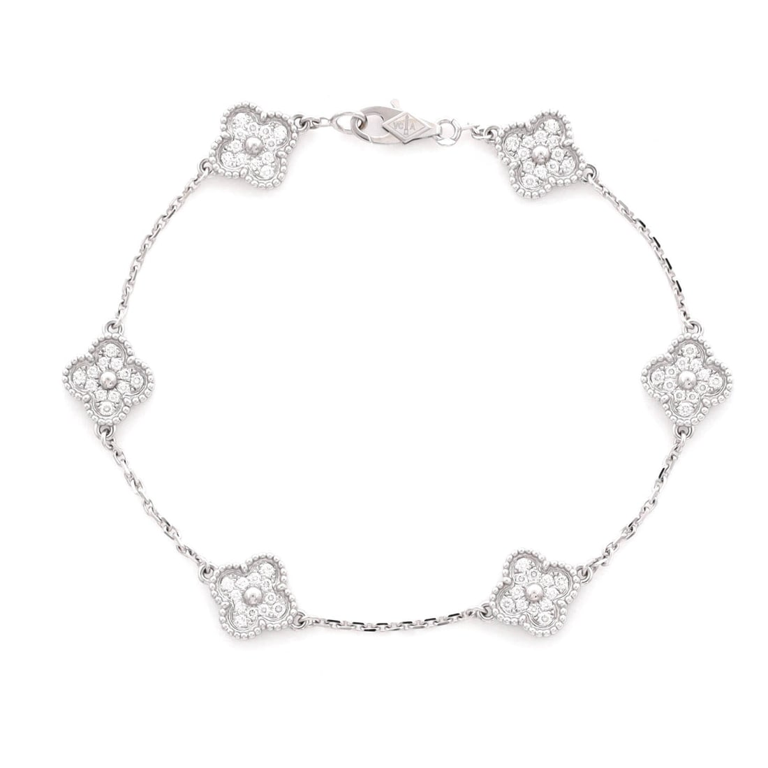 Van Cleef & Arpels Sweet Alhambra 6 Motifs Bracelet 18K White Gold and Diamonds: Sweet Alhambra is the smallest of the Alhambra scales, and in 18K white gold with diamonds the six motifs read as a line of light across the wrist rather than as a statement bracelet. This is the vers