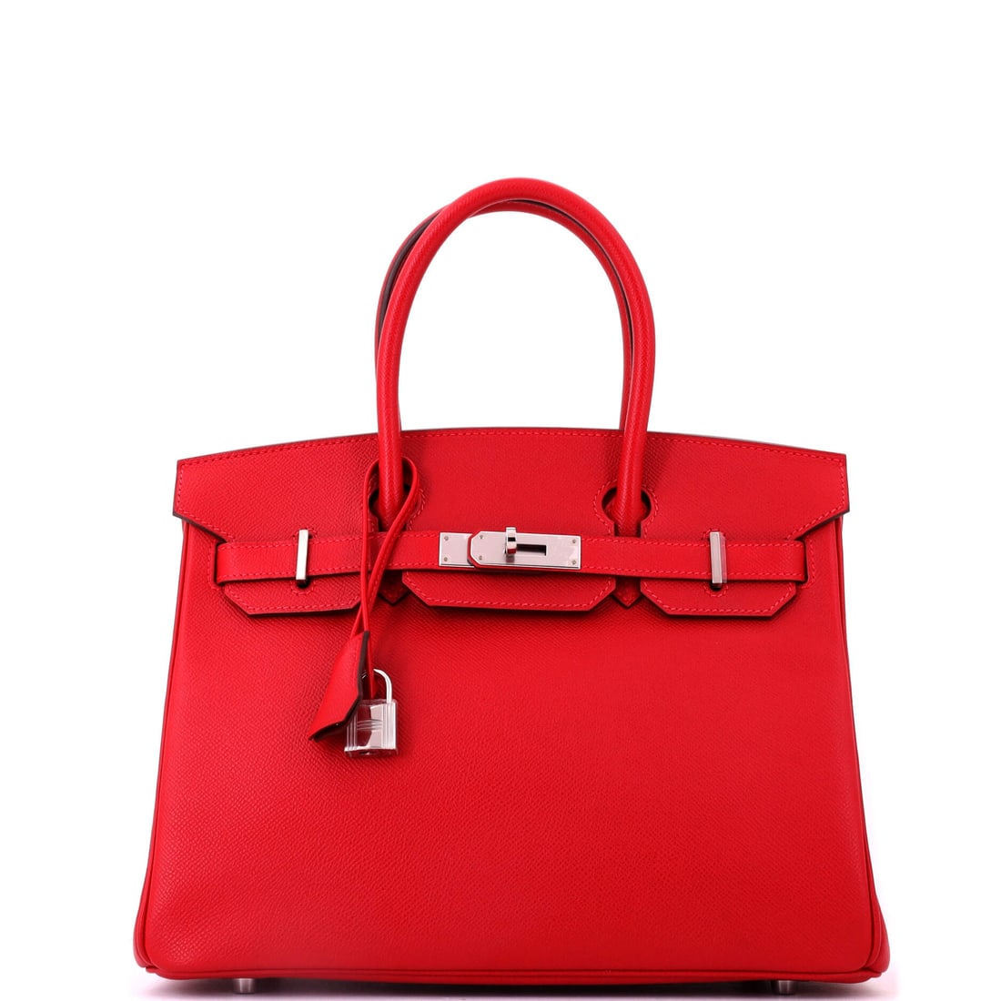 Hermes Birkin Handbag Red Epsom with Palladium Hardware: Red Epsom with palladium hardware in the 11.5 in Birkin. Cool metal against warm color is the sharper of the two readings, and Epsom holds red at full saturation. Nine inches high, 6 deep. Grade B -