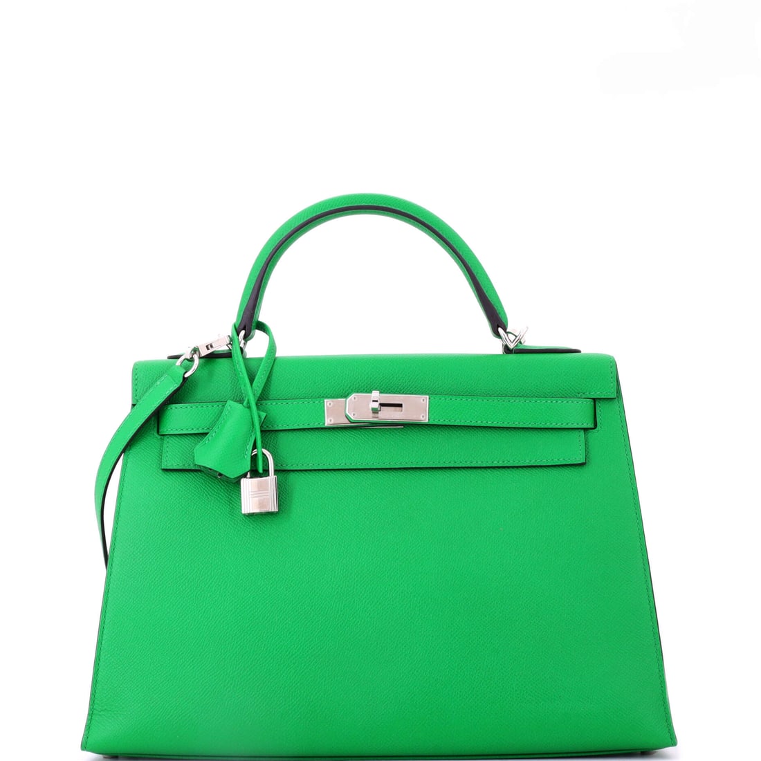 Hermes Kelly Handbag Green Epsom with Palladium Hardware: At 12.5 in wide with only 4 in of depth, this is the long, flat Kelly profile rather than the boxy one. Green Epsom with palladium hardware, 9 in high. Grade C - Very Good. Maison de Beaubigonne