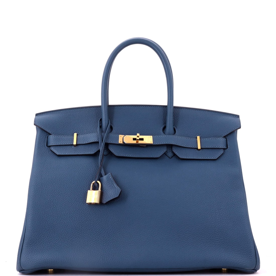 Hermes Birkin Handbag Blue Togo with Gold Hardware: Blue Togo with gold hardware in the 14 in Birkin, 10 in high and 7 in deep. Travel capacity in a color that keeps a bag this size from looking utilitarian. Grade B - Excellent. Maison de Beaubigonne