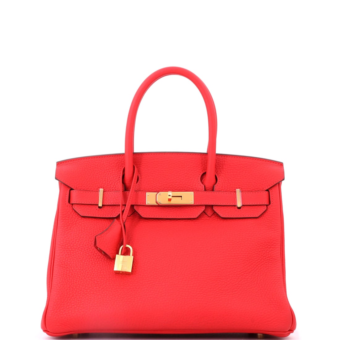 Hermes Birkin Handbag Red Clemence with Gold Hardware: Red Clemence has more drape than Togo and takes the color deeper, so the Birkin falls softer at the sides. Gold hardware at 11.5 in wide, 9 in high and 6 in deep. Grade B - Excellent. Maison de