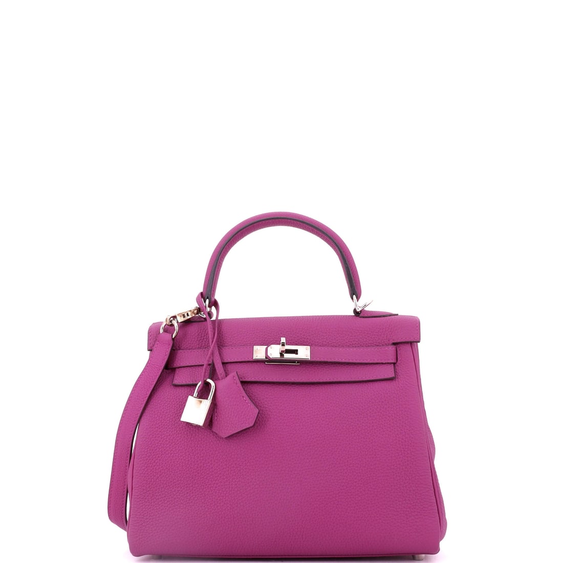 Hermes Kelly Handbag Pink Togo with Palladium Hardware: Small scale keeps a soft color from taking over, which is what makes the compact 9 in Kelly the right body for pink. Togo with palladium hardware, 8 in high and 4 in deep. Grade C - Very Good. Maison 
