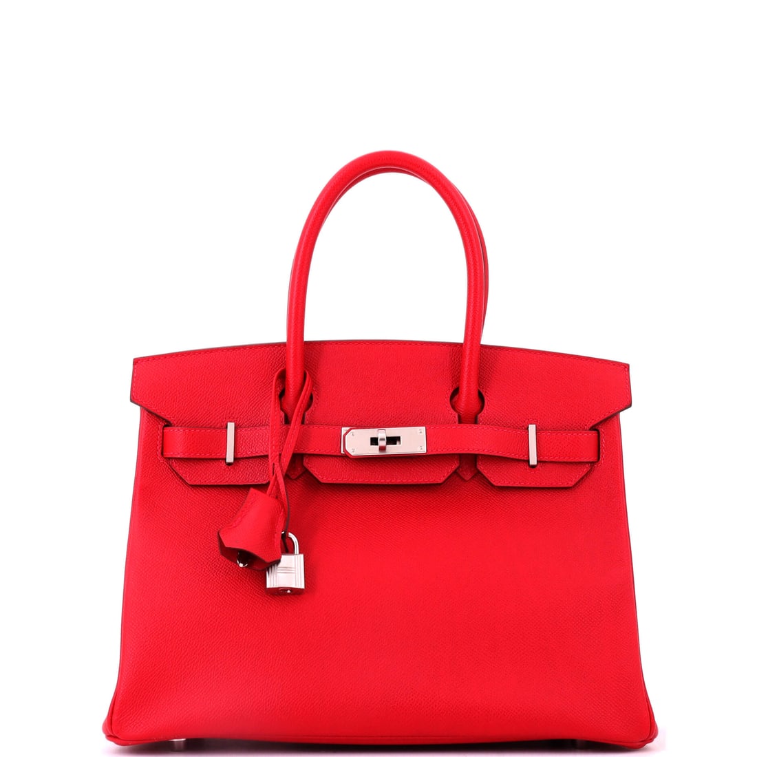 Hermes Birkin Handbag Red Epsom with Palladium Hardware: Red Epsom with palladium hardware in the full 11.5 in Birkin. Epsom holds red at its brightest and the cool metal keeps it disciplined. Nine inches high, 6 deep. Grade B - Excellent. Maison de Beaubig