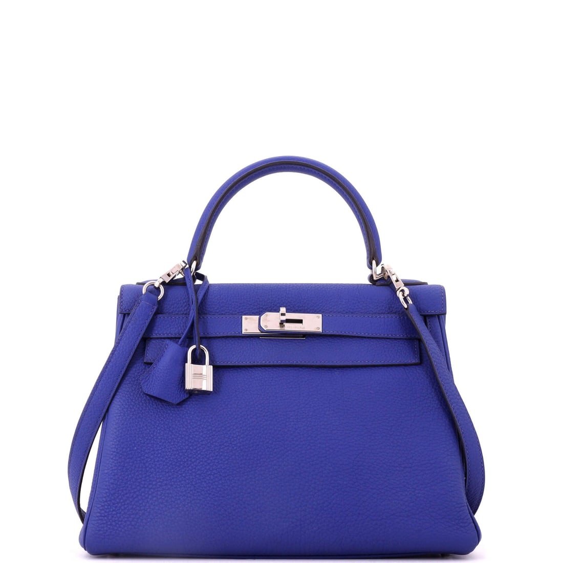 Hermes Kelly Handbag Blue Togo with Palladium Hardware: Grain is what makes regular use realistic on a bag like this, and Togo has more of it than any other Hermes calfskin. Blue with palladium hardware at 11 in wide, 8.5 in high and 4 in deep. Grade C - V