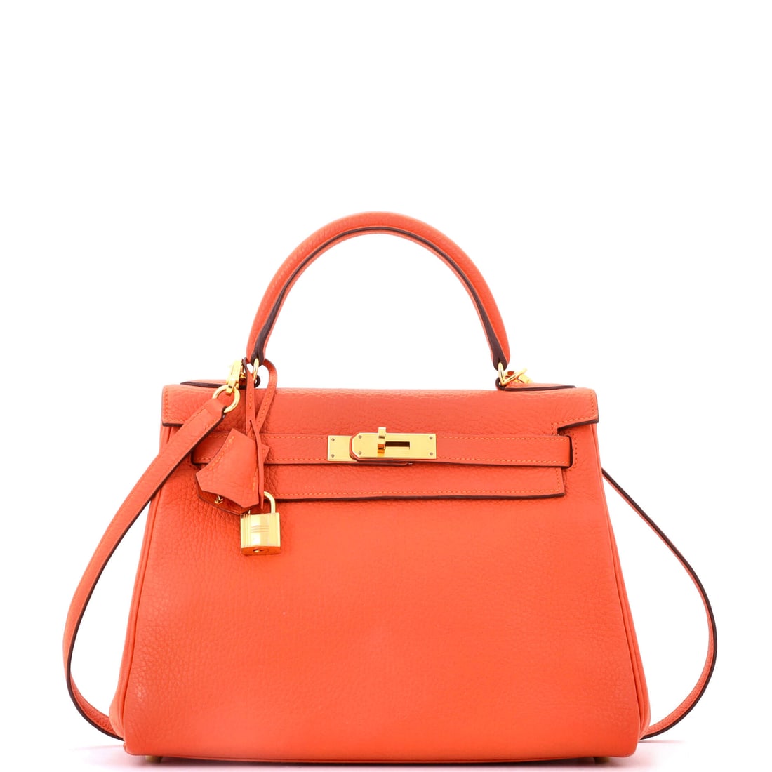 Hermes Kelly Handbag Orange Clemence with Gold Hardware: Orange Clemence with gold hardware at 11 in wide. The leather's weight gives the house color a softer, deeper reading than the Epsom version. Eight and a half inches high, 4 deep. Grade C - Very