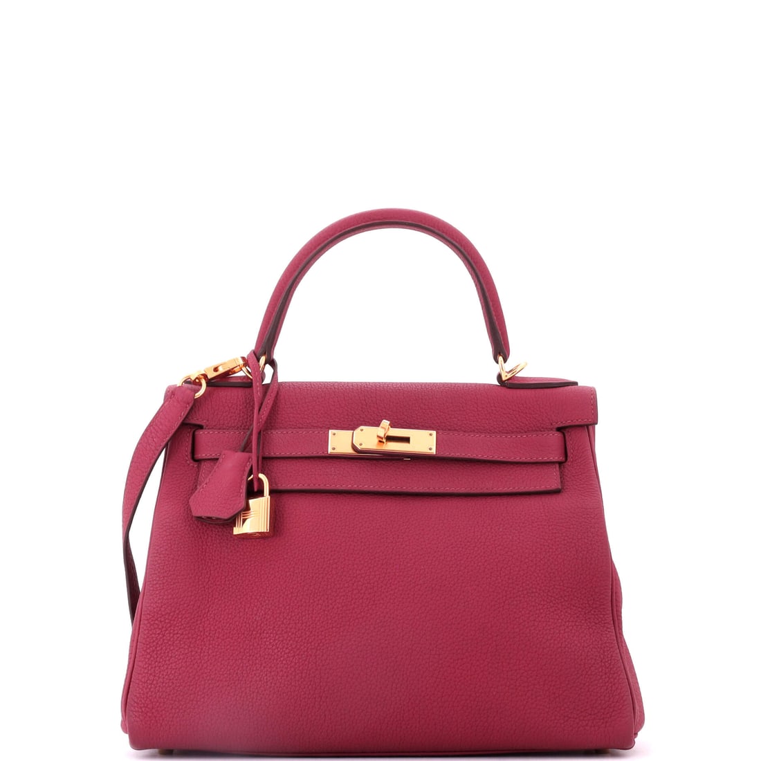 Hermes Kelly Handbag Red Togo with Gold Hardware: The 10.5 in Kelly sits between the compact and full bodies, which is the size most owners settle on. Red Togo tempers the intensity of the color with grain, and gold hardware warms it. Eight and a hal