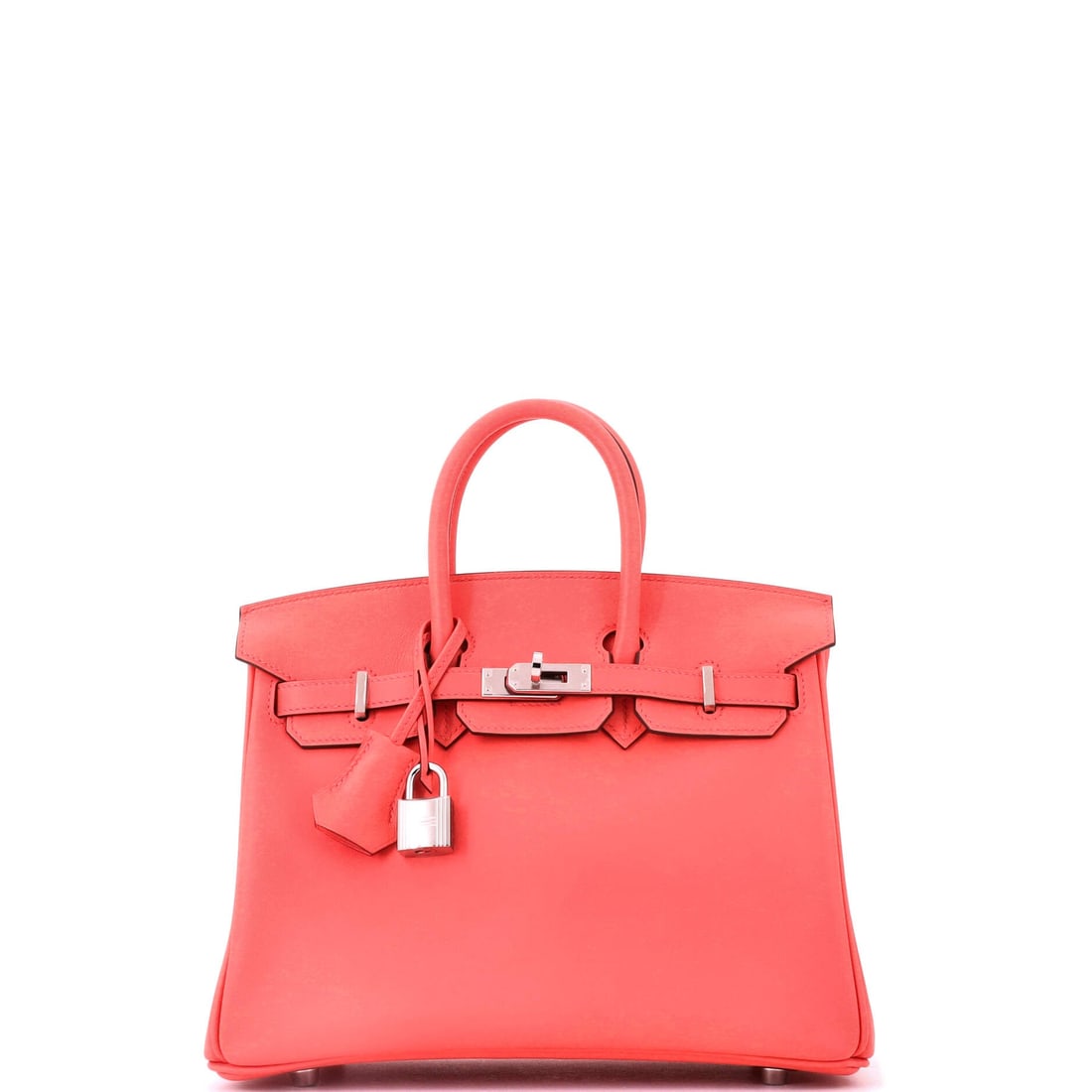 Hermes Birkin Handbag Pink Swift with Palladium Hardware: Pink Swift in the 10 in Birkin body. Swift makes pink read deeper and more pigmented than a grained leather would, and palladium hardware keeps it from turning sweet. Eight inches high, 5 deep. Grade