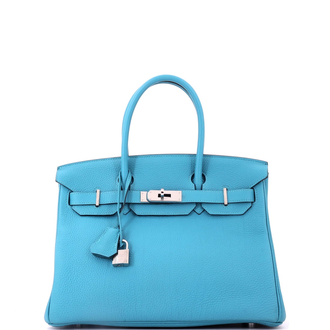 Hermes Birkin Handbag Blue Togo with Palladium Hardware: Cool through the leather, the color and the metal - a fully consistent Birkin specification at 11.5 in wide. Togo, palladium hardware, 9 in high and 6 in deep. Grade C - Very Good. Maison de