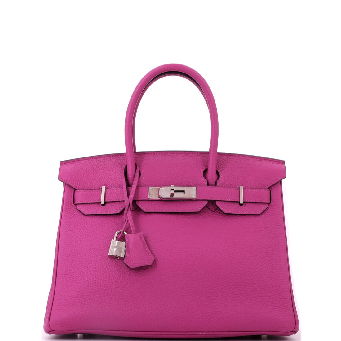Hermes Birkin Handbag Pink Togo with Palladium Hardware: The whole reason to choose Togo here is texture - it gives a soft color enough grain to stop it looking delicate. Pink with palladium hardware at 11.5 in wide, 9 in high and 6 in deep. Grade C - Very