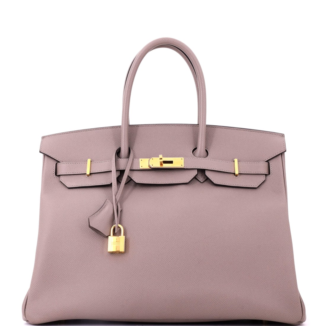 Hermes Birkin Handbag Grey Epsom with Gold Hardware: Grey Epsom with gold hardware in the 14 in Birkin, 10 in high and 7 in deep. A large body kept disciplined by the most structured leather in the catalog. Grade C - Very Good. Maison de Beaubigonne