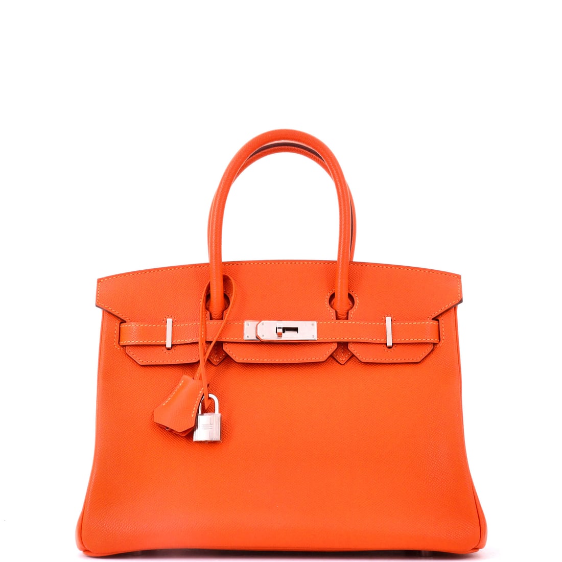 Hermes Birkin Handbag Orange Epsom with Palladium Hardware: The house color against silver-tone plating is the less obvious pairing and the one that dates less. Orange Epsom at 11.5 in wide, 9 in high and 6 in deep. Grade C - Very Good. Maison de Beaubigonne a