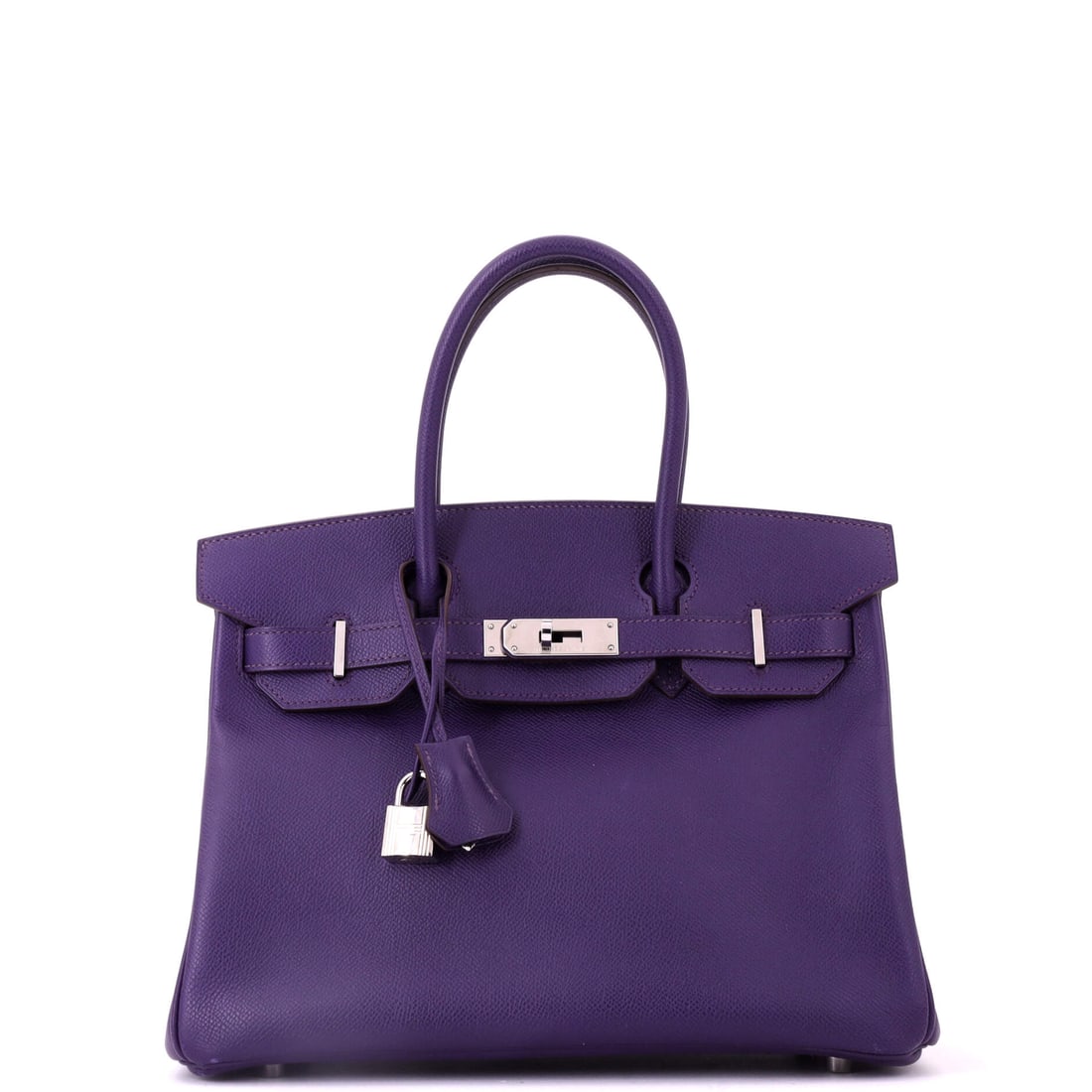 Hermes Birkin Handbag Purple Epsom with Palladium Hardware: Purple Epsom with palladium hardware at 12 in wide. An uncommon color kept structured by the most rigid leather Hermes uses. Nine inches high, 6 deep. Grade C - Very Good. Maison de Beaubigonne authen