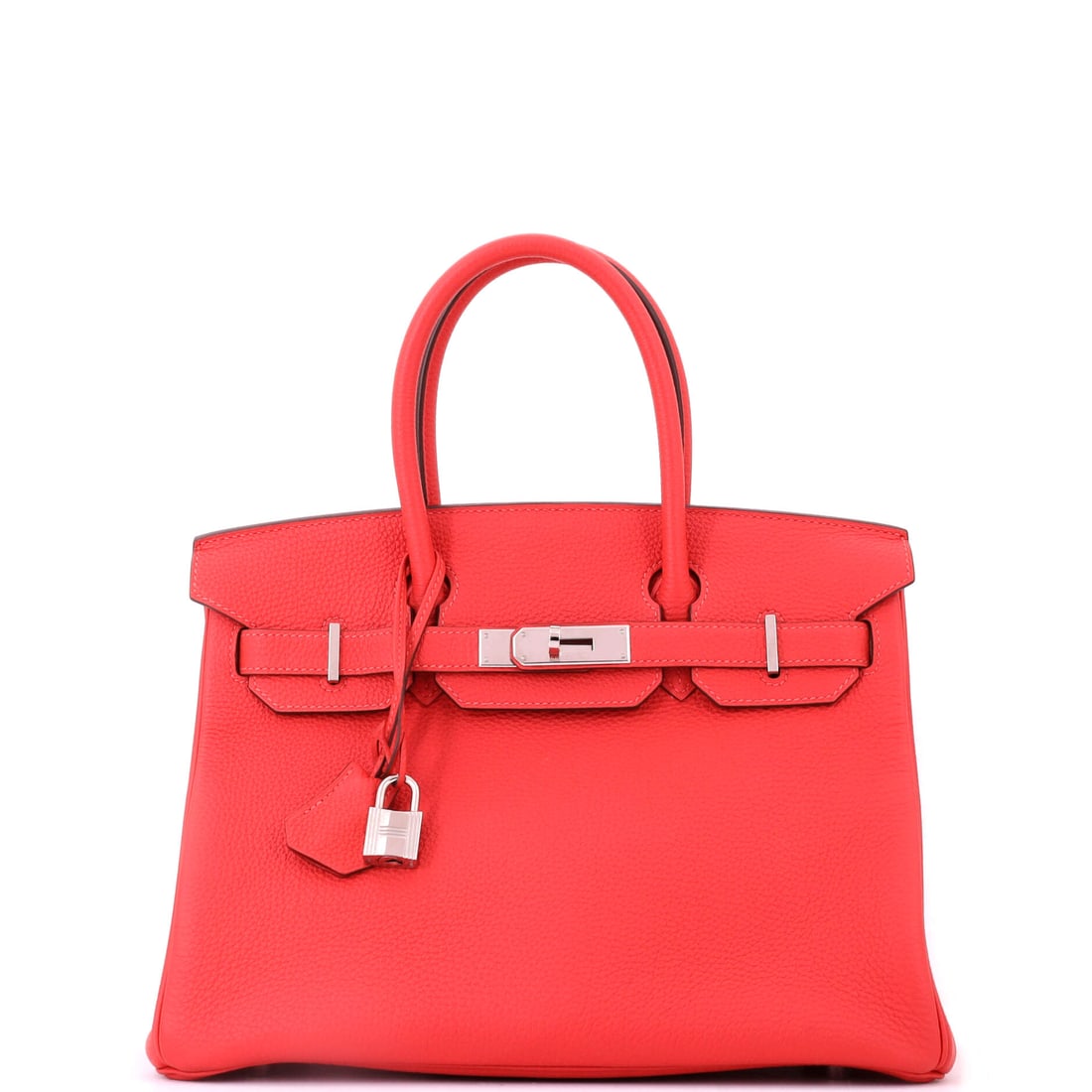 Hermes Birkin Handbag Red Togo with Palladium Hardware: A bag meant to be worn rather than displayed: red Togo with palladium hardware at 11.5 in wide, where the cool metal keeps the color disciplined. Nine inches high, 6 deep. Grade C - Very Good. Maison 