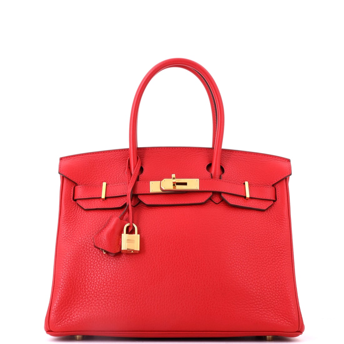 Hermes Birkin Handbag Red Clemence with Gold Hardware: Clemence carries red with more depth and less snap than Epsom, and the leather's weight gives the bag a relaxed profile. Gold hardware at 11.5 in wide, 9 in high, 6 in deep. Grade C - Very Good. Maiso