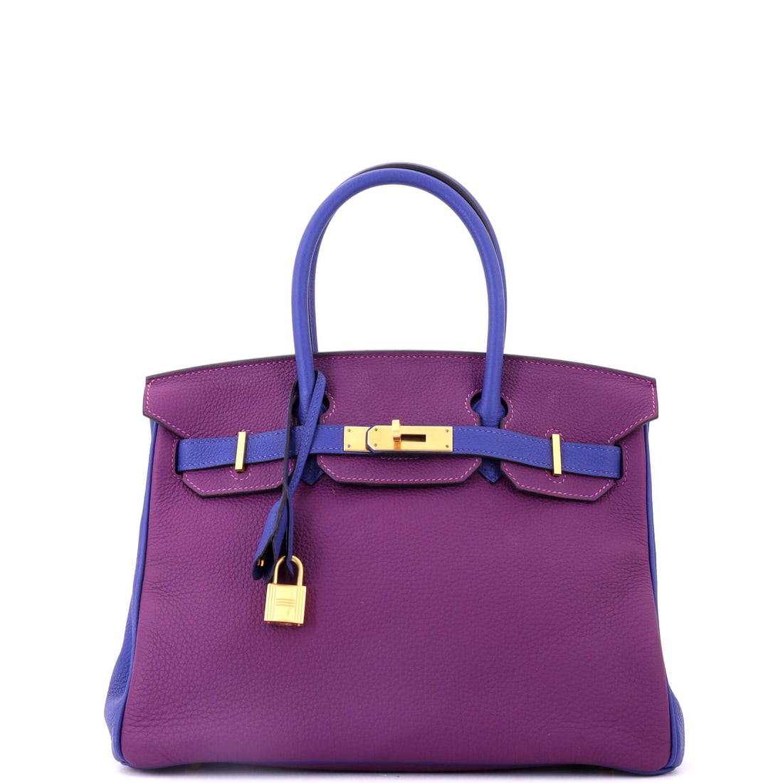 Hermes Birkin Handbag Bicolor Togo with Brushed Gold Hardware: Bicolor construction runs two colors across the body, and brushed gold hardware adds a matte plating finish rather than the standard mirror. Togo at 11.5 in wide, 9 in high and 6 in deep. Two rarities