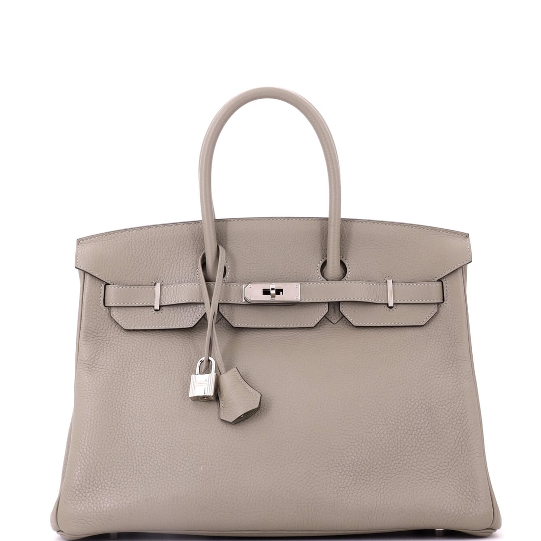 Hermes Birkin Handbag Green Clemence with Palladium Hardware: Green Clemence at 13.5 in wide gives a large Birkin a soft fall rather than a rigid stance. Palladium hardware, 10 in high, 7 in deep. Grade C - Very Good. Maison de Beaubigonne authenticity guarantee