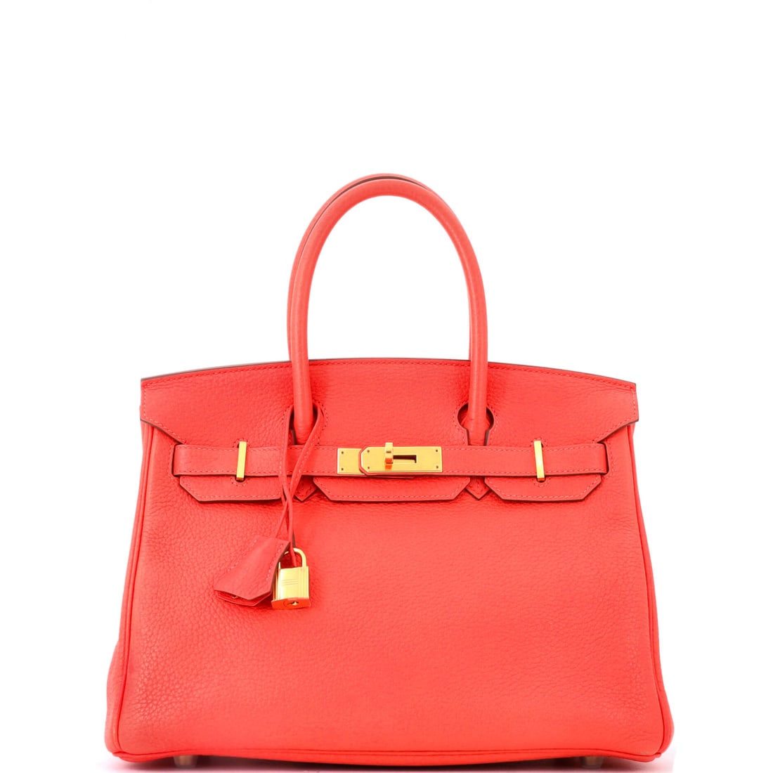 Hermes Birkin Handbag Red Clemence with Gold Hardware: Red Clemence with gold hardware at 12 in wide. The leather's drape and the color's depth make this the more relaxed reading of a red Birkin. Nine inches high, 6 deep. Grade C - Very Good. Maison de Be