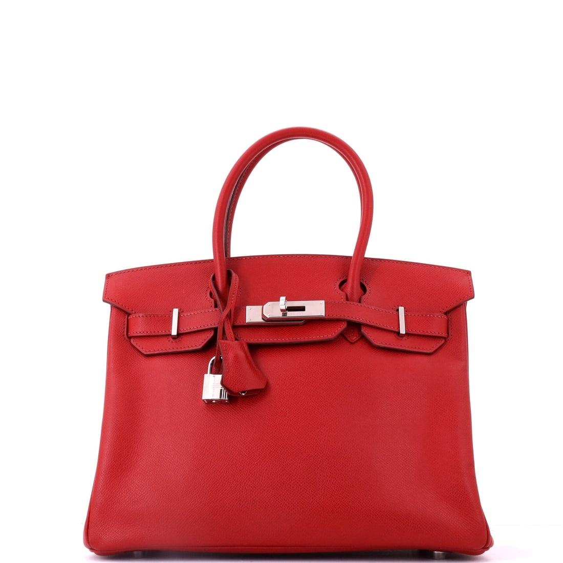 Hermes Birkin Handbag Red Epsom with Palladium Hardware: The smaller 11 in Birkin body in red Epsom with palladium hardware, cut at 5 in deep. Compact proportions concentrate the color rather than spreading it thin. Eight inches high. Grade C - Very Good. M