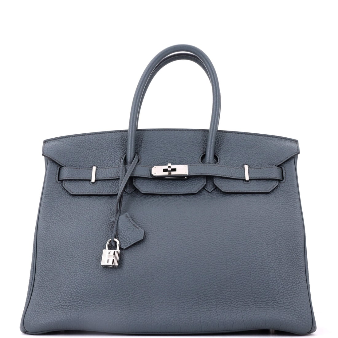 Hermes Birkin Handbag Blue Togo with Palladium Hardware: A cool color at travel scale, on the grain that lets a bag this size survive being used. Blue Togo with palladium hardware at 13.5 in wide, 10 in high and 7 in deep. Grade C - Very Good. Maison de Bea