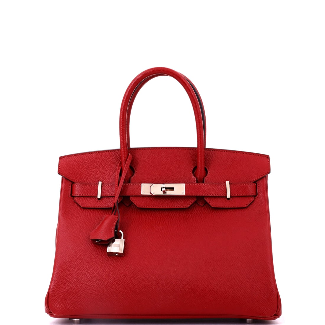 Hermes Birkin Handbag Red Epsom with Palladium Hardware: Cool plating disciplines a warm color, and Epsom keeps the whole bag square across 12 in of width. Red with palladium hardware, 9 in high and 6 in deep. Grade C - Very Good. Maison de Beaubigonne auth