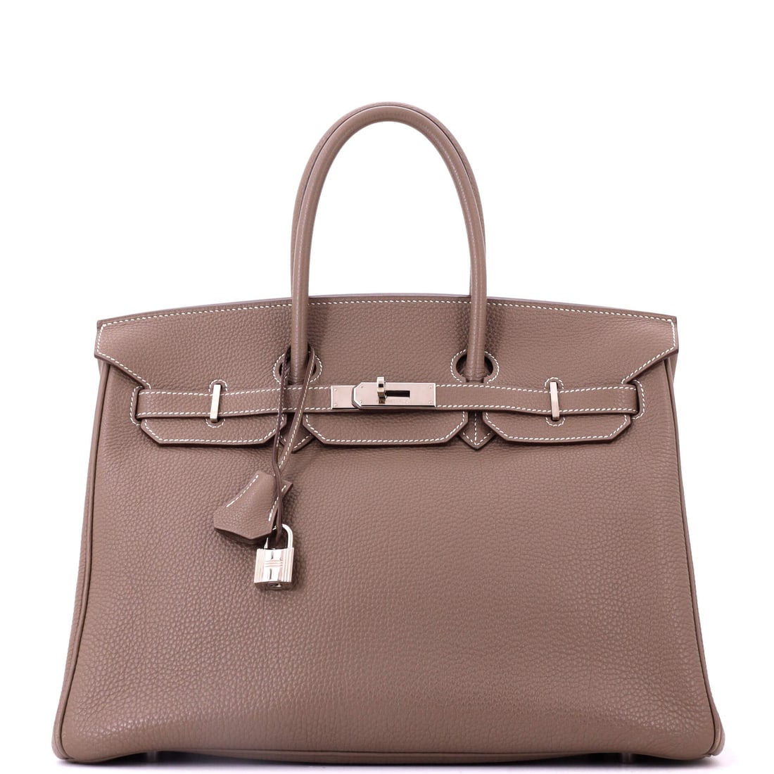 Hermes Birkin Handbag Grey Togo with Palladium Hardware: The quietest large Birkin Hermes makes, and a specification with its own following - grey Togo with palladium hardware at 13.5 in wide. Ten inches high, 7 deep. Grade C - Very Good. Maison de Beaubigo