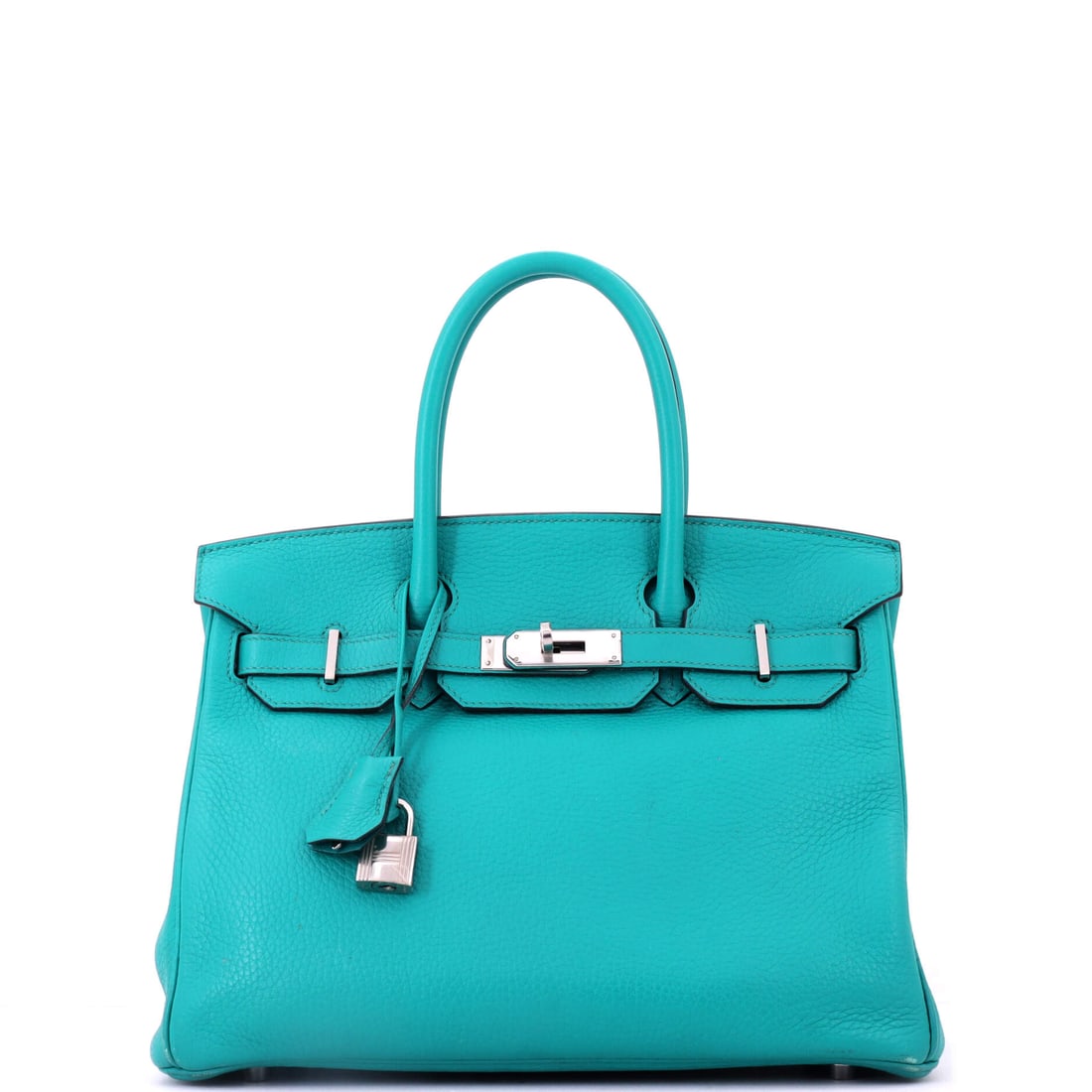 Hermes Birkin Handbag Blue Clemence with Palladium Hardware: Blue Clemence with palladium hardware at 12 in wide. The leather's weight softens the sides and deepens the color, giving the bag a more relaxed line than an Epsom build. Nine inches high, 6 deep.