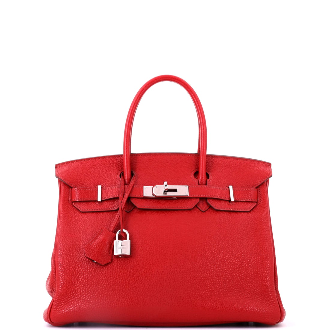 Hermes Birkin Handbag Red Togo with Palladium Hardware: Full daily capacity at 11.5 in wide, 9 in high and 6 in deep, in a color that carries the bag on its own. Red Togo with palladium hardware. Grade C - Very Good. Maison de Beaubigonne authenticity