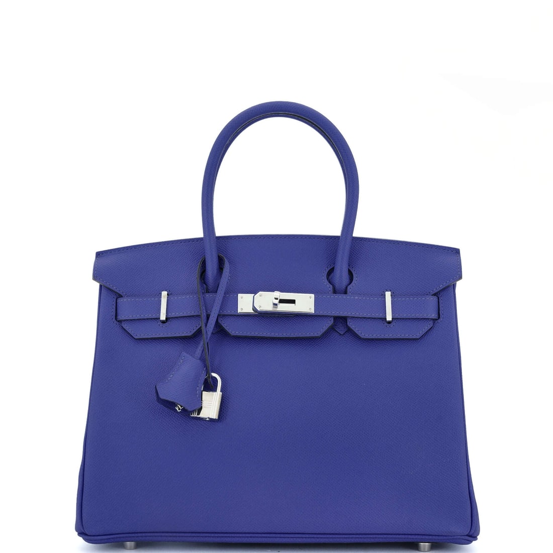 Hermes Birkin Handbag Blue Epsom with Palladium Hardware: Twelve inches wide with 6 in of depth, in the most structured leather Hermes uses and the coolest plating it offers. Blue Epsom with palladium hardware, 9 in high. Grade C - Very Good. Maison de