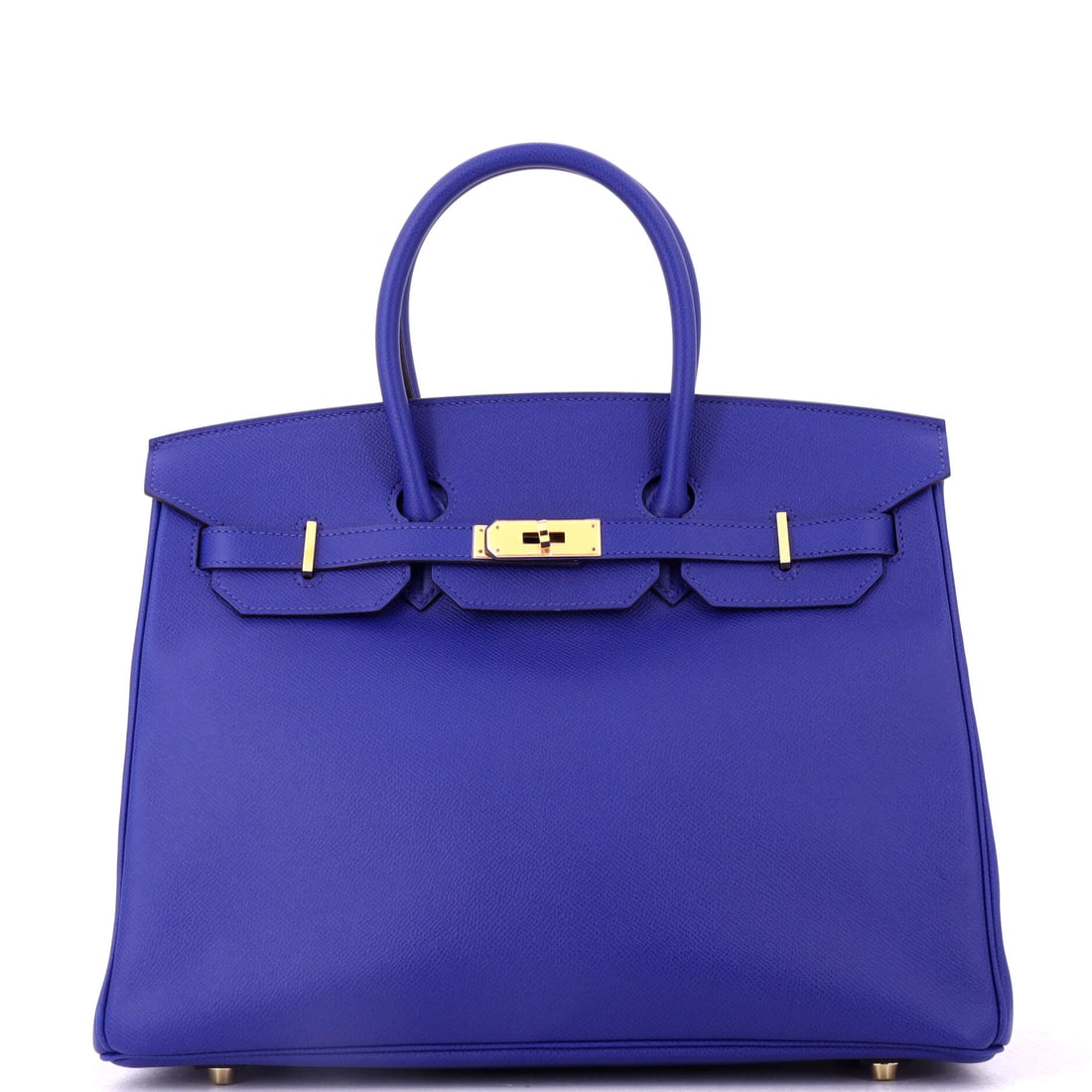 Hermes Birkin Handbag Blue Epsom with Gold Hardware: Warm plating against a cool color, held sharp by the most structured leather Hermes works in. The 13.5 in Birkin body, 10 in high and 7 in deep. Grade C - Very Good. Maison de Beaubigonne