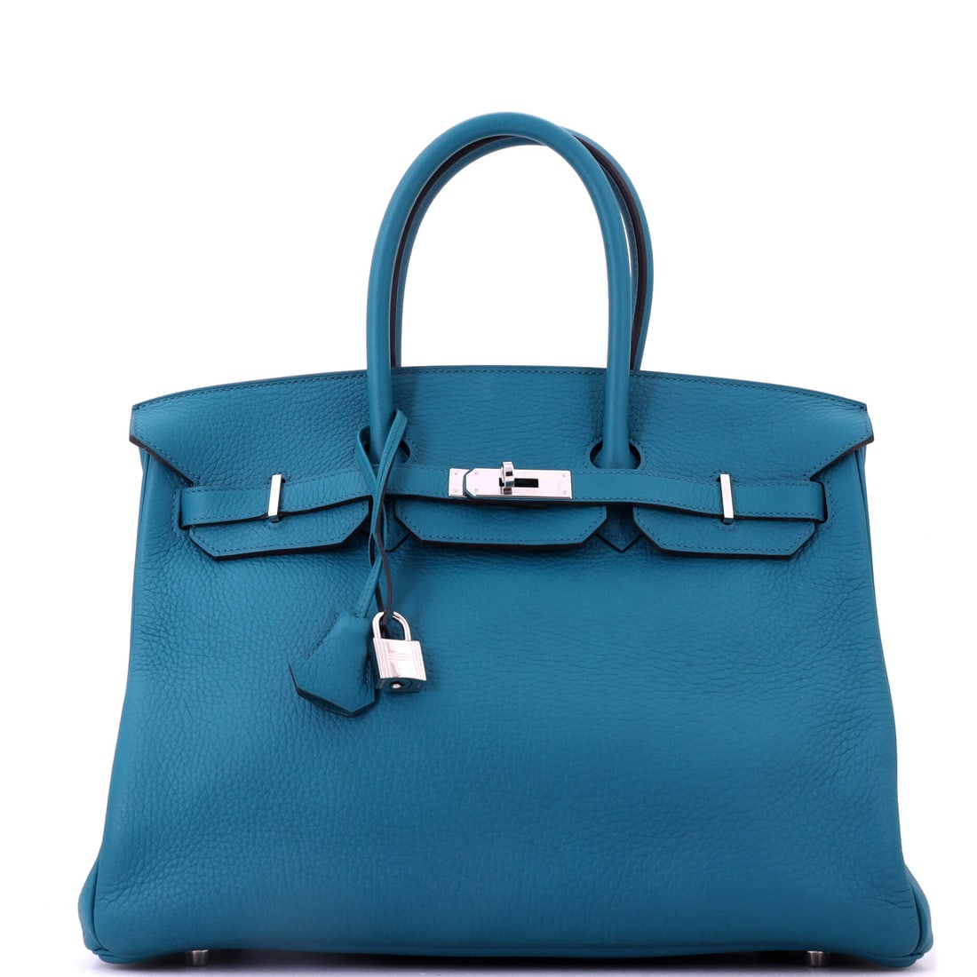 Hermes Birkin Handbag Blue Clemence with Palladium Hardware: Blue Clemence at 13.5 in wide gives a large Birkin a softer, rounder line than Togo or Epsom would. Palladium hardware, 10 in high, 7 in deep. Grade C - Very Good. Maison de Beaubigonne authenticity g