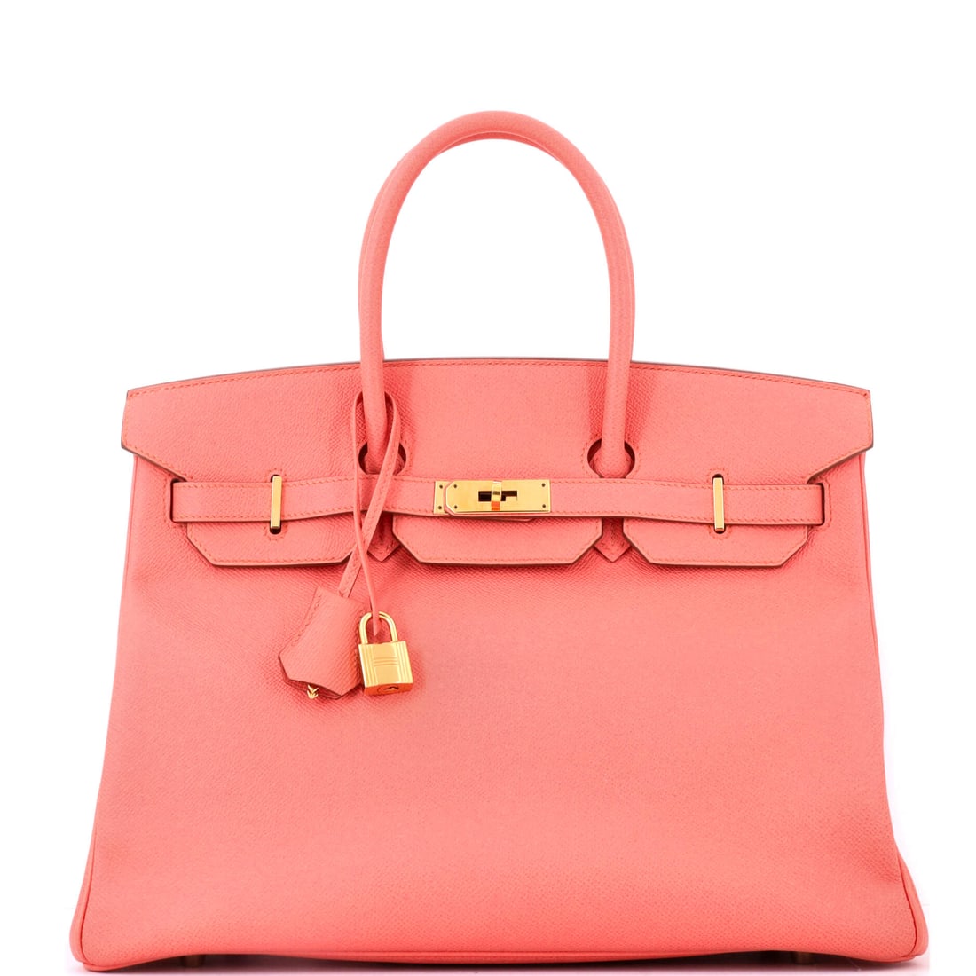 Hermes Birkin Handbag Pink Epsom with Gold Hardware: Pink Epsom with gold hardware in the 13.5 in Birkin. Warm on warm, at a scale that makes the color impossible to ignore. Ten inches high, 7 deep. Grade C - Very Good. Maison de Beaubigonne