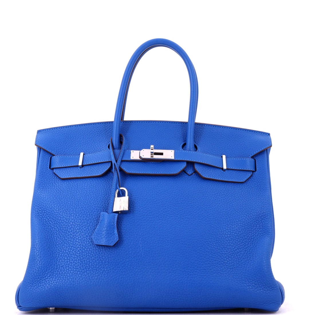 Hermes Birkin Handbag Blue Clemence with Palladium Hardware: Blue Clemence with palladium hardware at 14 in wide - the largest standard body in the softest of the grained leathers, which is what makes the size carryable. Ten inches high, 7 deep. Grade C - Very