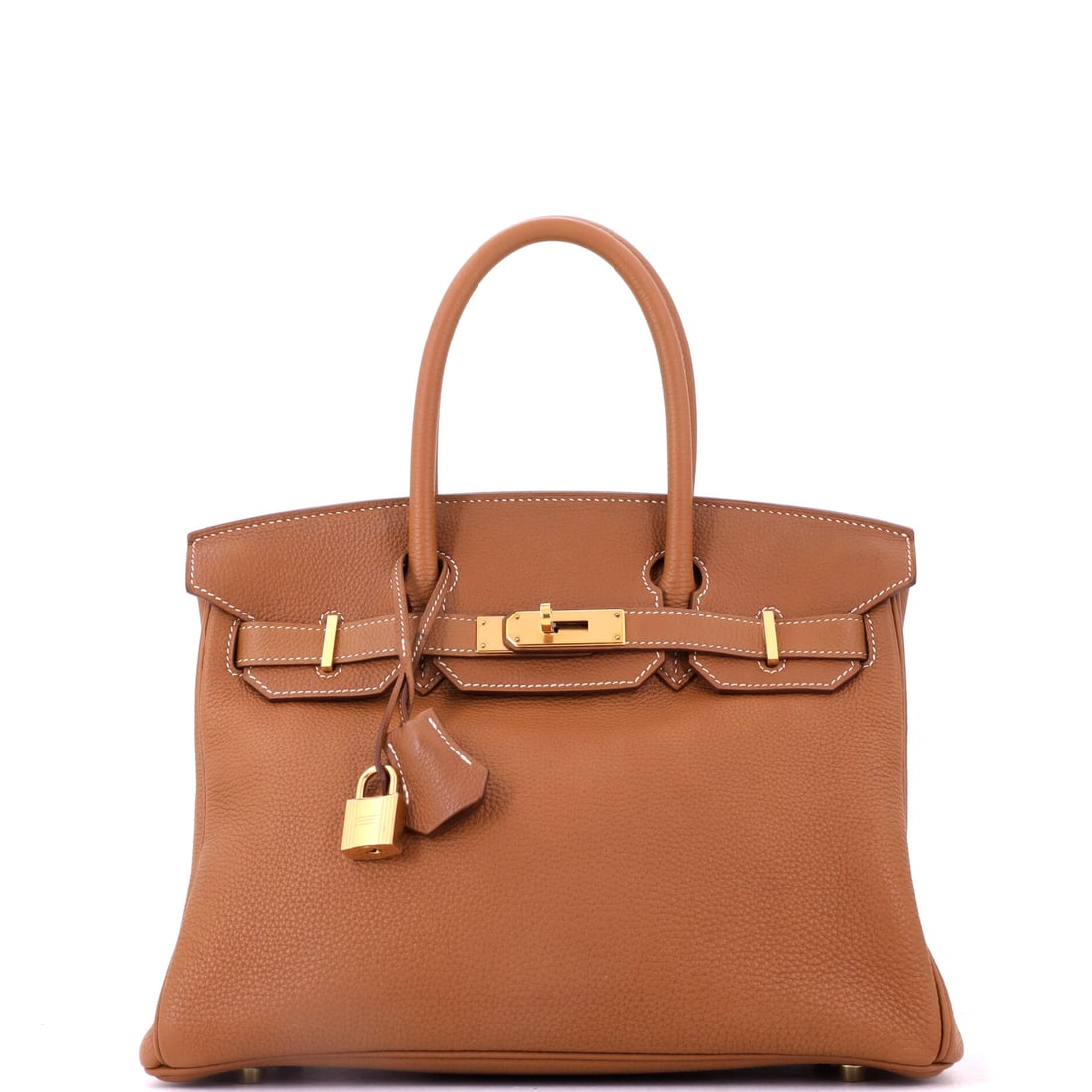 Hermes Birkin Handbag Brown Togo with Gold Hardware: This is the most familiar Birkin specification there is - brown Togo, gold hardware, 11.5 in wide - offered for a bidder who wants the bag rather than the box. Nine inches high, 6 deep. Grade E - Fair