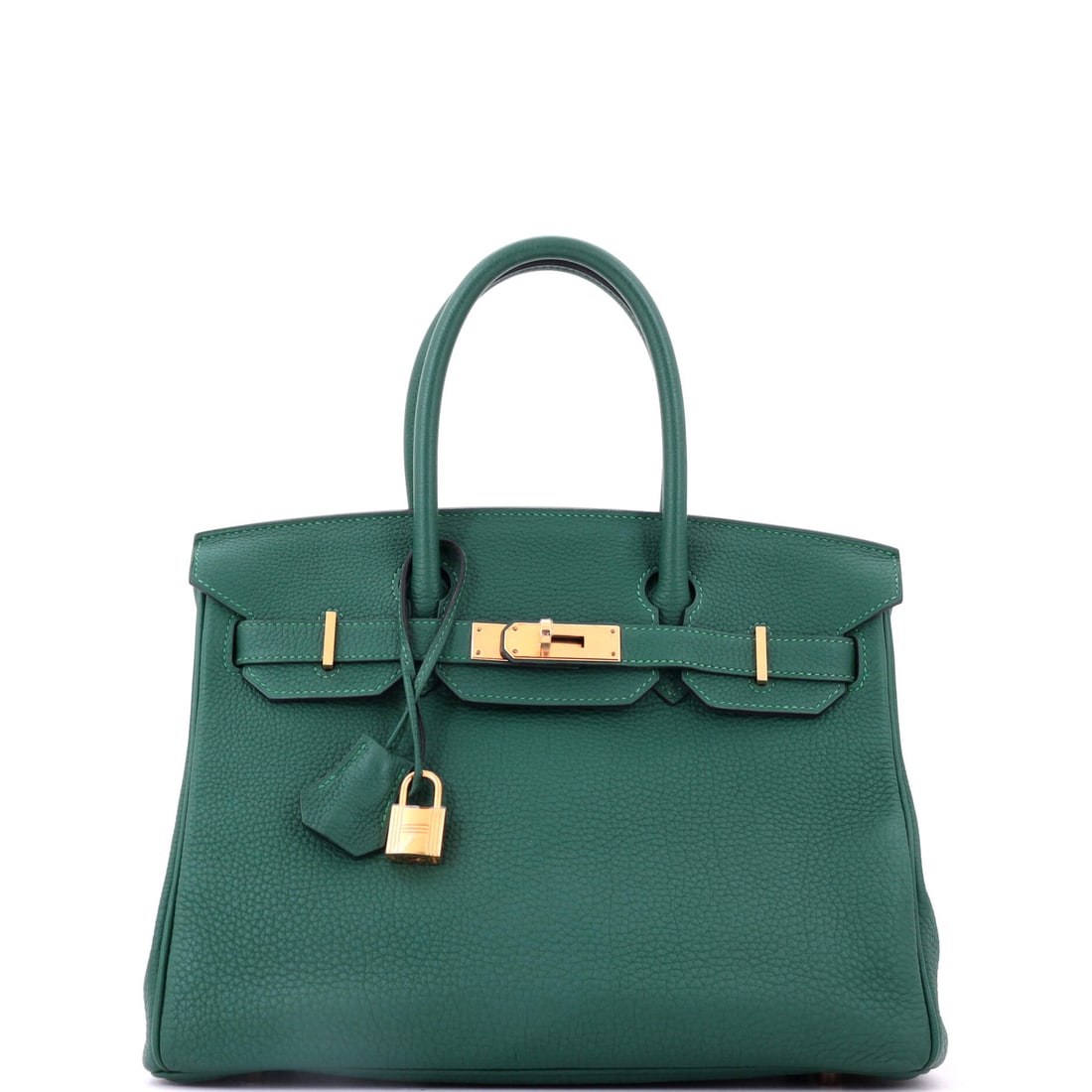 Hermes Birkin Handbag Green Togo with Gold Hardware: A color with a genuine following, in a grade that puts a Birkin within reach of a bidder who intends to use it. Green Togo with gold hardware, 11.5 in wide, 9 in high and 6 in deep. Grade E - Fair. Ma
