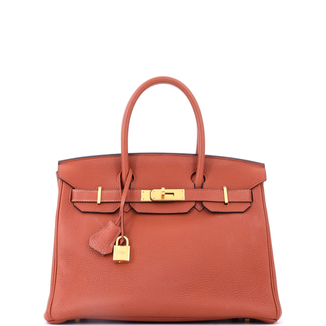Hermes Birkin Handbag Brown Togo with Gold Hardware: A standard-issue Birkin at the far end of the condition range: brown Togo, gold hardware, 11.5 in wide by 9 in high by 6 in deep. For a buyer who intends to carry it hard rather than shelve it. Grade