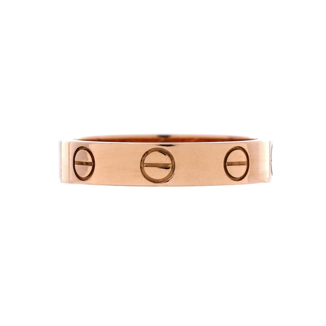 Cartier Love Wedding Band Ring 18K Rose Gold: Measured at 3.6mm, this is the narrower of the two Love bands, the wedding width, meant to sit beside a ring rather than dominate the hand. The screw motifs are cut into the gold rather than applied, 