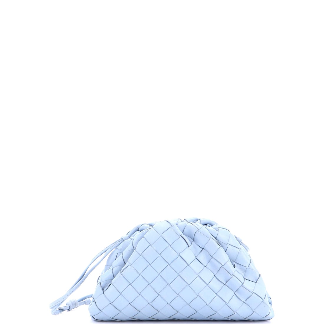 Bottega Veneta The Pouch Intrecciato Nappa: At nine inches across, this Mini runs slightly generous for the designation, which in practice means a large phone goes in without forcing the gathered top open. The rest is what the model always is: 