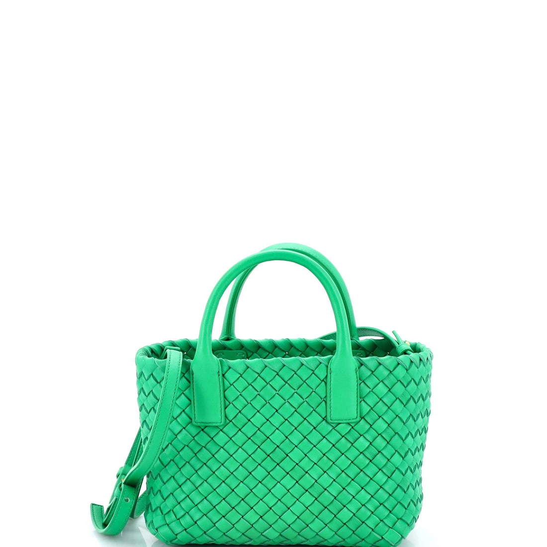 Bottega Veneta Cabat Tote Intrecciato Nappa: The Cabat is woven from doubled nappa with no lining and no internal frame, so the bag in front of you is entirely leather, which is why it drapes and why the weave itself is what a bidder inspects fi