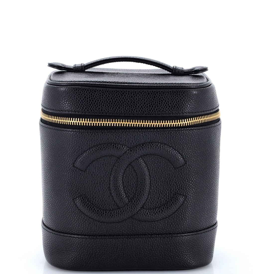 Chanel Vintage Timeless Cosmetic Case Caviar: The CC turnlock is the first thing a bidder checks on this model, and on this example it engages cleanly and pulls the flap flush against the body. This is the Tall configuration, seven inches of heig