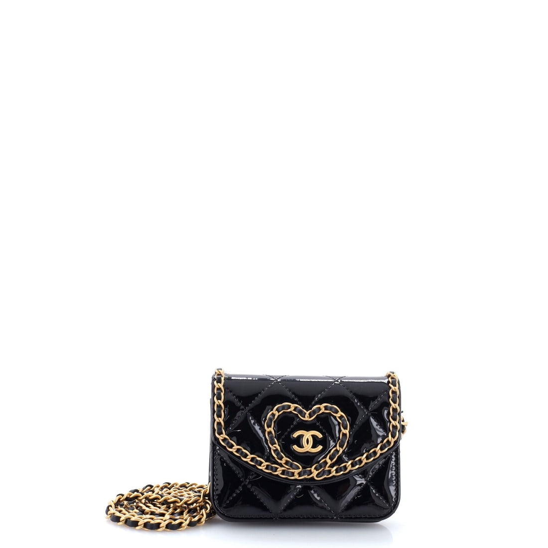 Chanel Heart Chain Flap Bag Quilted Patent: Novelty Chanels track their own market, and the heart chain bags have held demand better than most because the shape is instantly legible. This Mini sits at 4.5 by 3.5 by 2 inches on a shoulder chain.