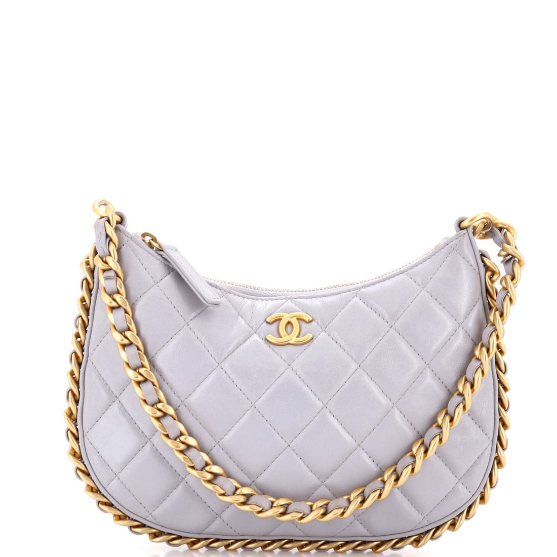 Chanel CC Chain Around Hobo Quilted Lambskin: At 9 in wide the face gives the diamond quilting room to repeat cleanly, and the 5 in height and 1.5 in depth keep the whole thing slim against the body. The chain-around construction is why these hol