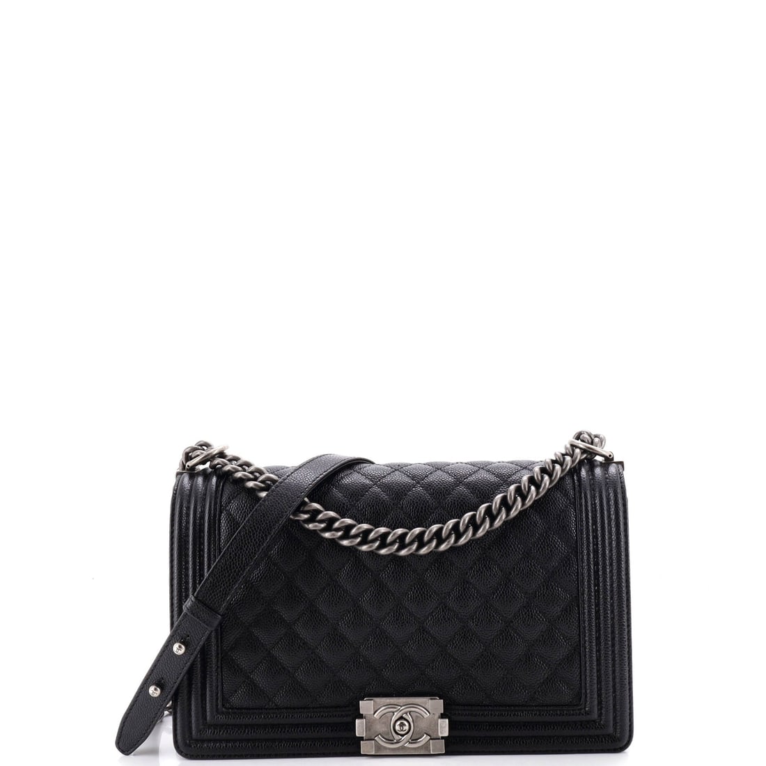 Chanel Boy Flap Bag Quilted Caviar: New Medium is the Boy that actually holds a day's contents at 11 in wide, 7 in high and 3 in deep, roomy enough for a flat and still trim through the body. The push-lock clasp opens with one hand, and