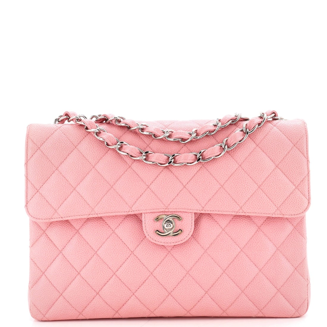 Chanel Vintage Classic Single Flap Bag Quilted Caviar: Vintage single flaps carry a different interior layout than the modern doubles, and buyers who know the difference seek them out. This is the Jumbo at 12 by 8 by 3 inches, in quilted caviar that has a
