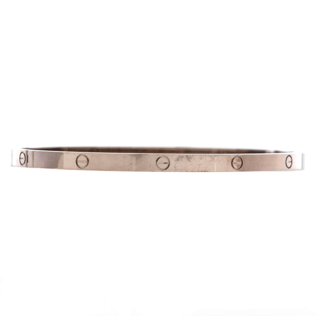 Cartier Love Bracelet 18K White Gold: Buyers of white gold Love bracelets are usually matching something, whether a watch, an existing stack or a ring. The 18K band keeps a low profile and wears easily under a sleeve. Graded out at Grade 