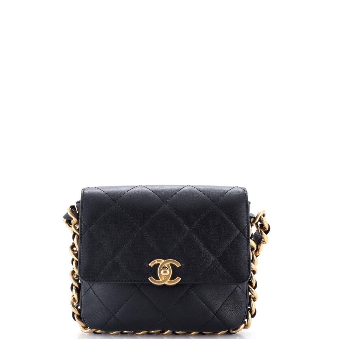 Chanel Framing Chain Flap Bag Quilted Calfskin: Calfskin is the practical choice on a bag where metal sits directly against the leather all the way around the flap. The Small measures 7 in each way with a 2 in depth, flat enough to wear crossbody w