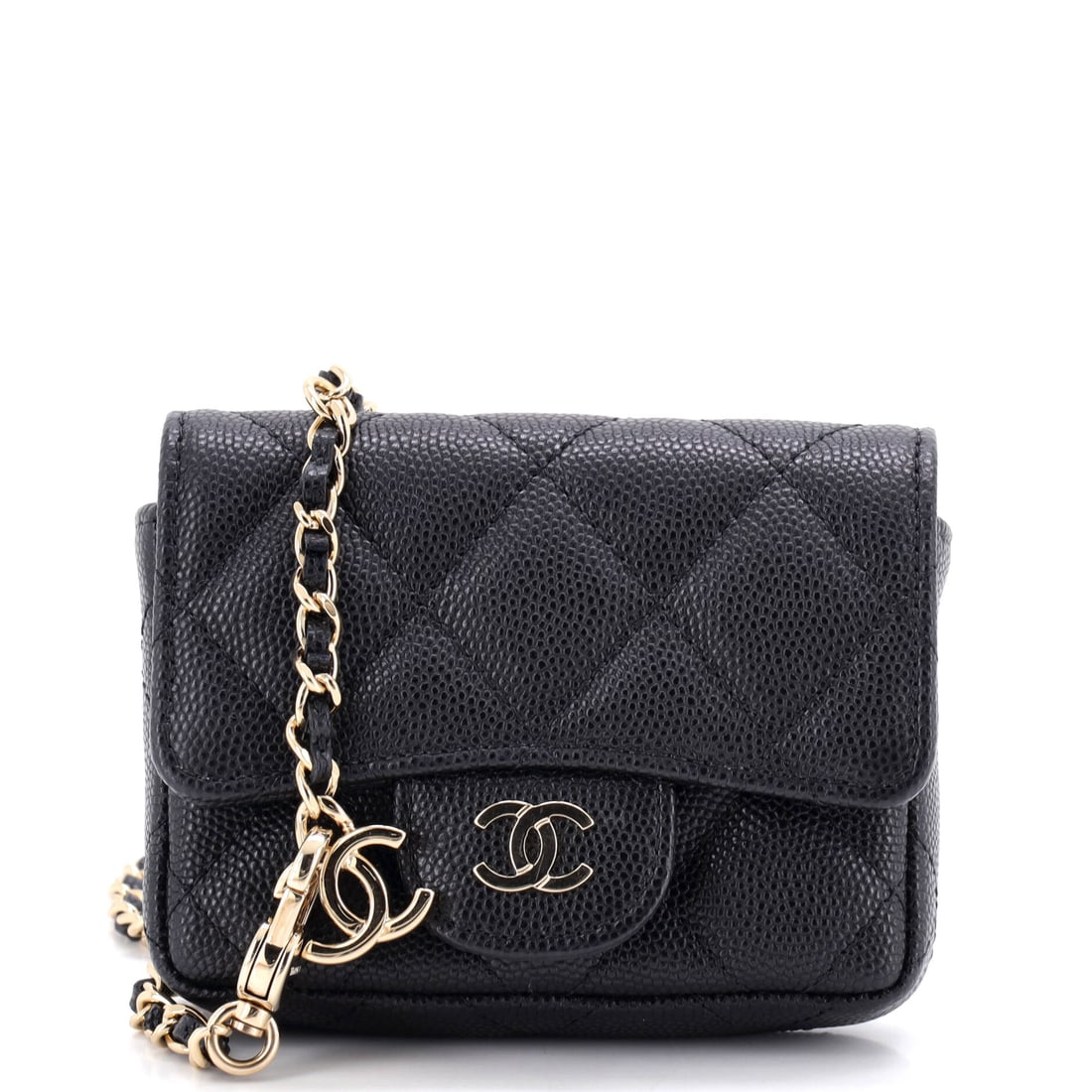 Chanel Classic Flap Chain Belt Bag Quilted Caviar: Four inches wide, three high, one deep: this is a belt bag in the literal sense, a Mini flap threaded onto a chain rather than a bag with a strap. Caviar was the right leather at a scale where lambski