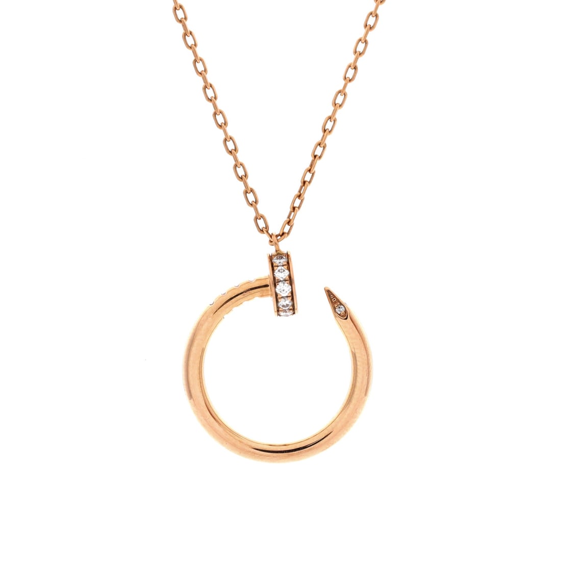 Cartier Juste un Clou Pendant Necklace 18K Rose Gold with Diamonds: Small scale, real 18K rose gold, and diamonds along the nail: the pendant does a great deal with very little metal. Condition: Grade C - Very Good. It layers with other Cartier without fighting for at