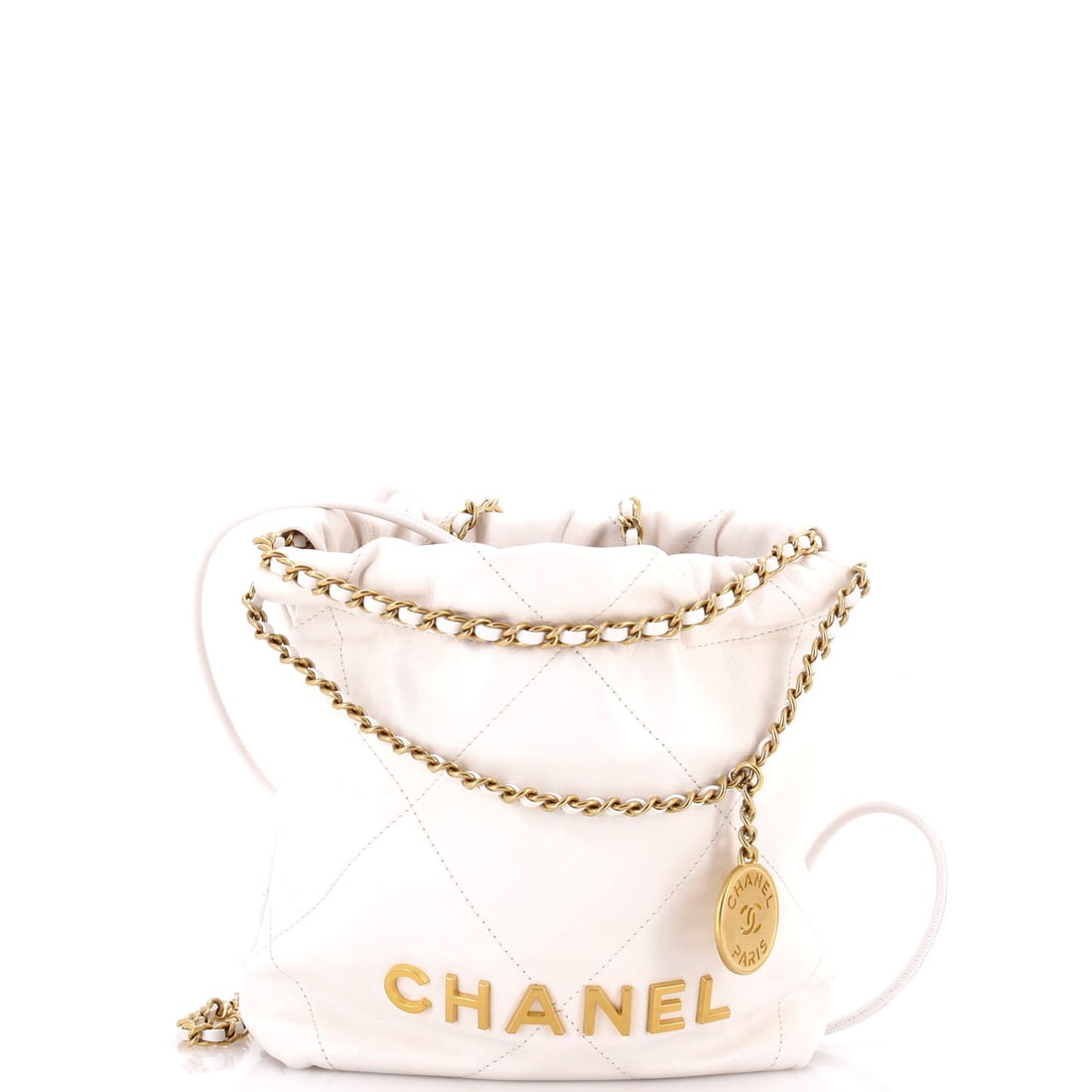 Chanel 22 Chain Hobo Quilted Calfskin: Another of the narrower Minis in this sale at 6.5 by 7.5 by 2.5 inches, roughly a passport sleeve stood upright. Quilted calfskin over a soft body, with the chain running through metal eyelets along t